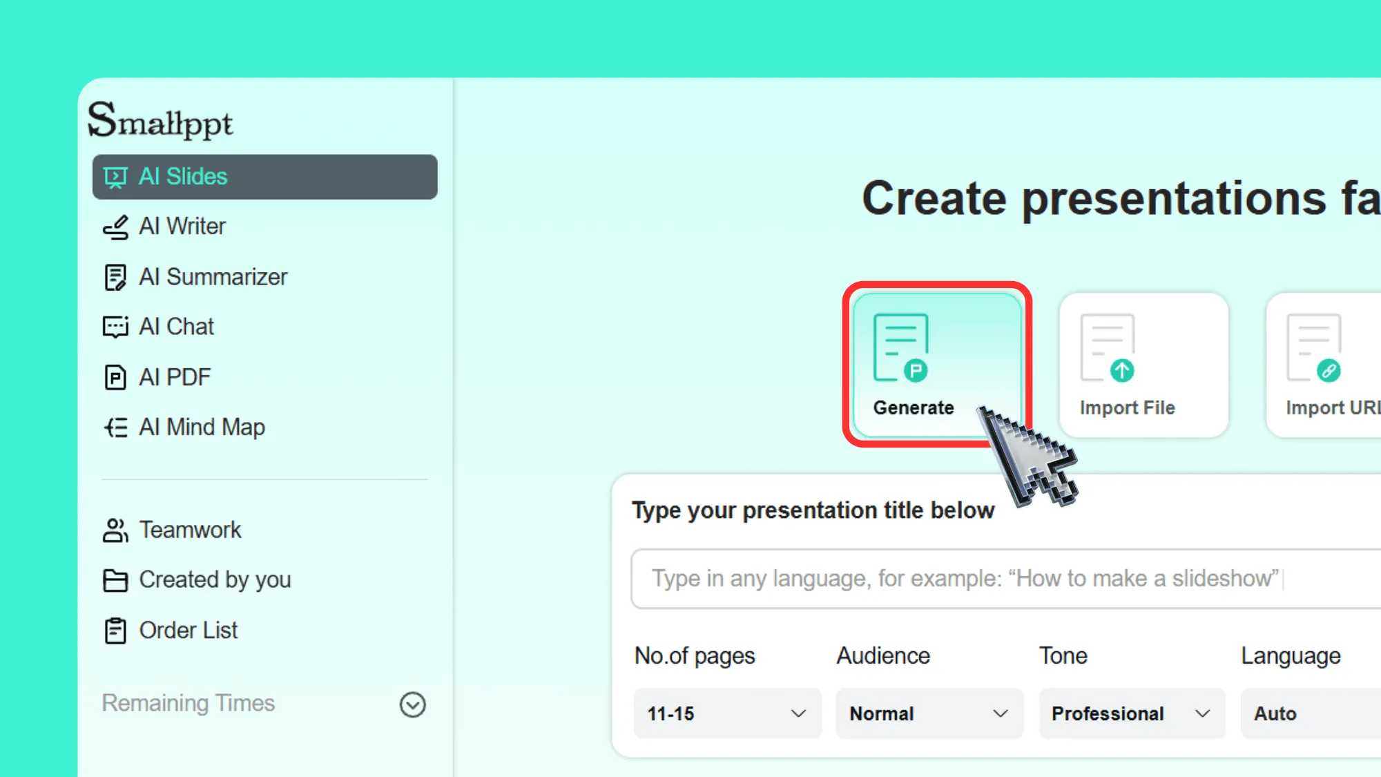 Convert text into a professional presentation using AI with Smallppt