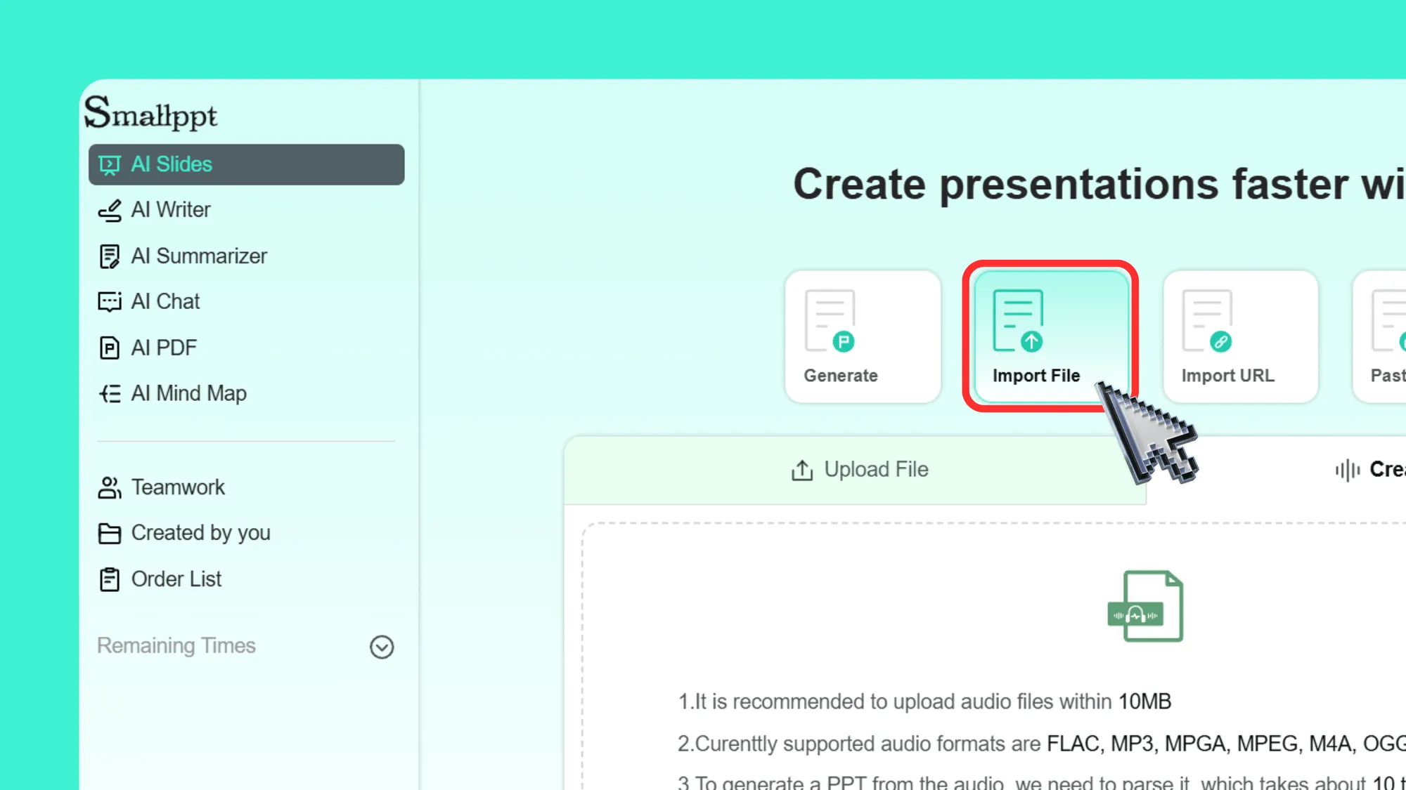 Start your presentation by uploading an audio file with Smallppt