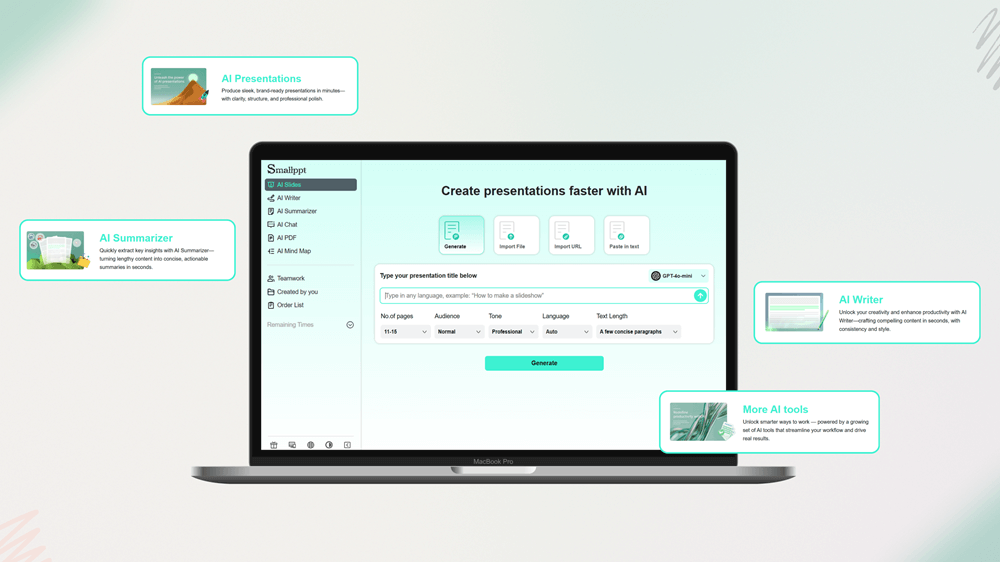 Boost creativity with Smallppt AI tools for writing, summarizing, chatting, and organizing content efficiently