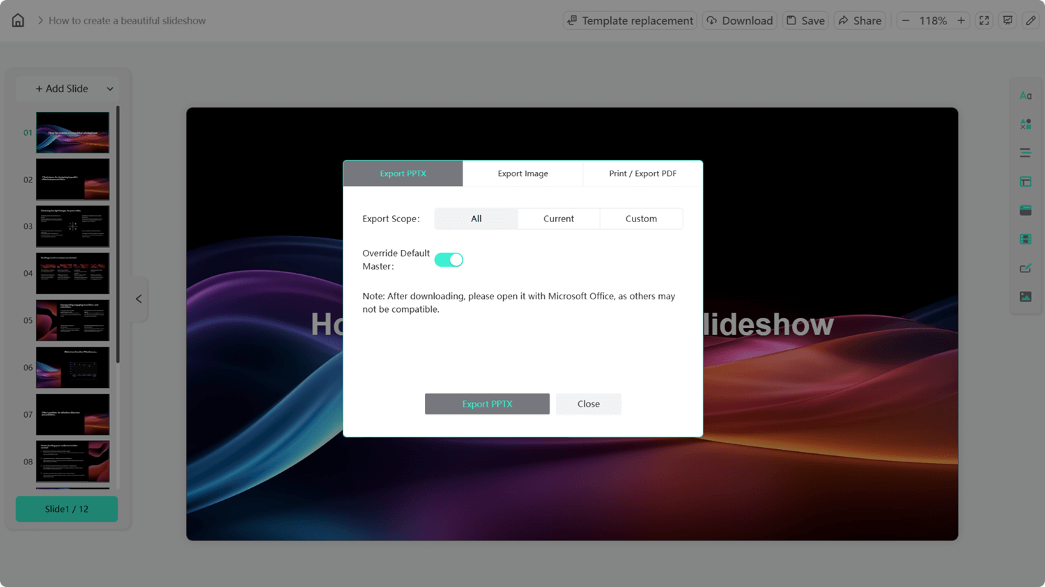 Export your presentation from Smallppt as a Microsoft PowerPoint file