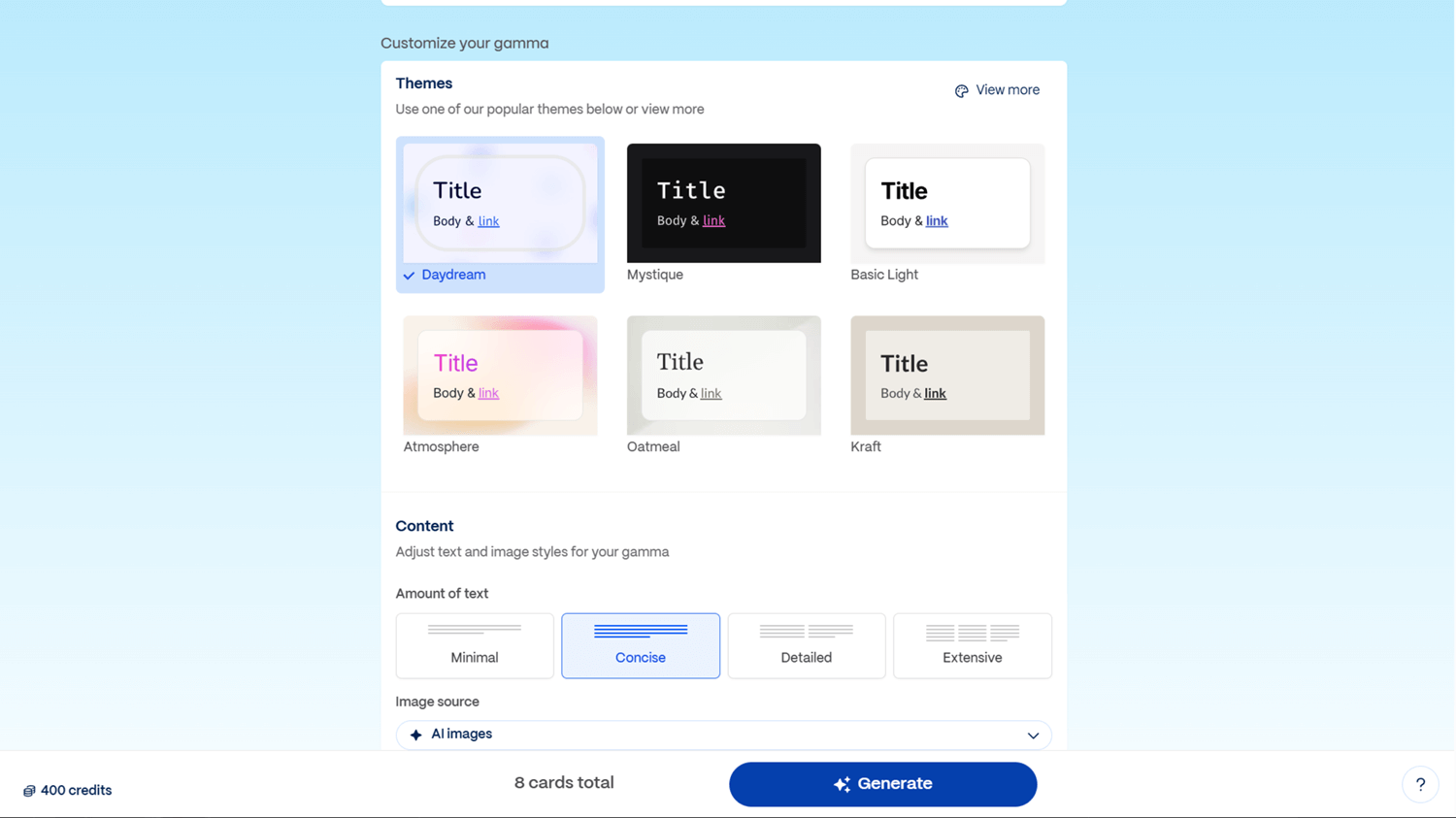 Preview and select themes for your Gamma AI slides before generating the presentation