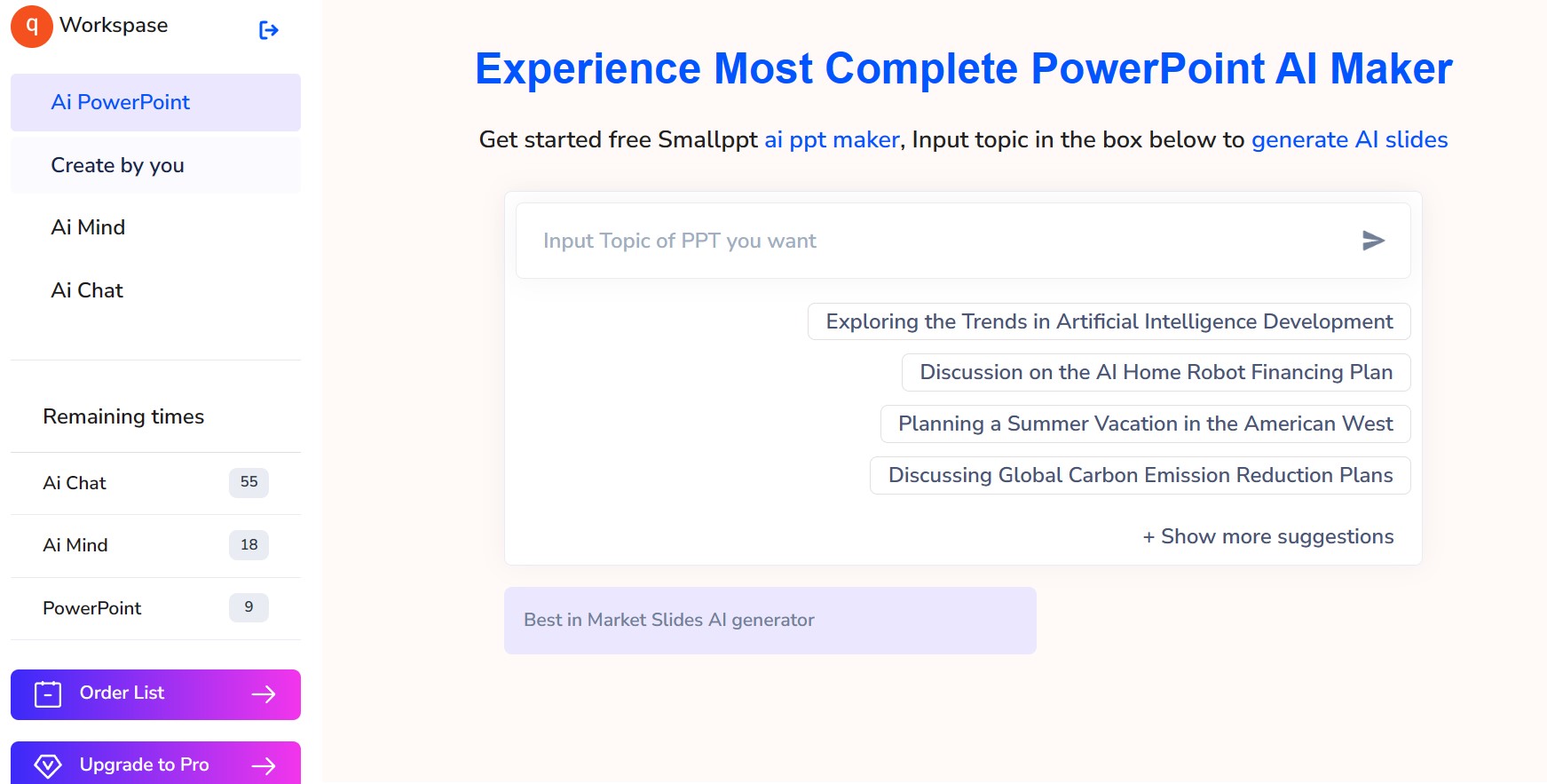 online ai ppt maker smallppt's ai powerpoint can generate ai ppt slides and artificial intelligence presentation powerpoint with the help of ai for ppt